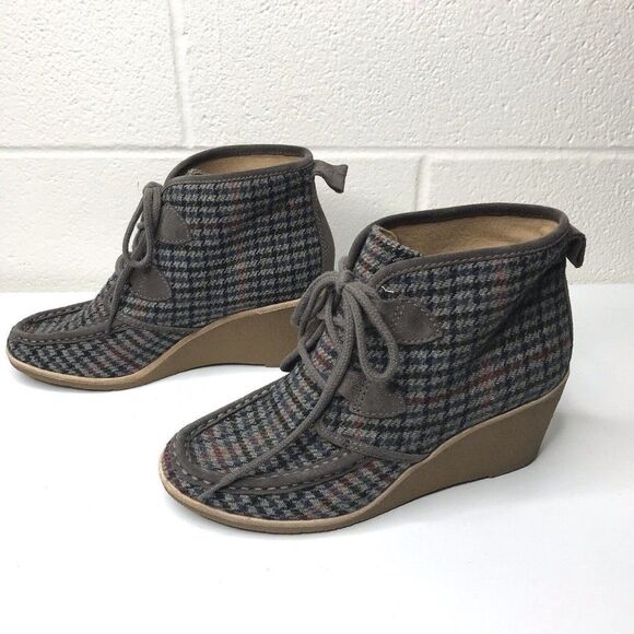 G. H. Bass & Co. Womens Gray Houndstooth Plaid Lace Up Wedge Booties Size 8M - Picture 4 of 12